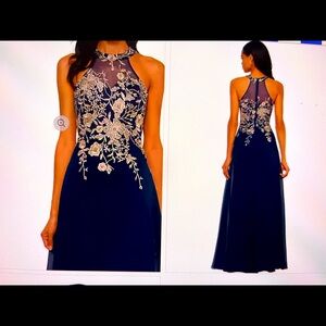 Betsy & Adam Open Shoulder Navy gold detail NWT